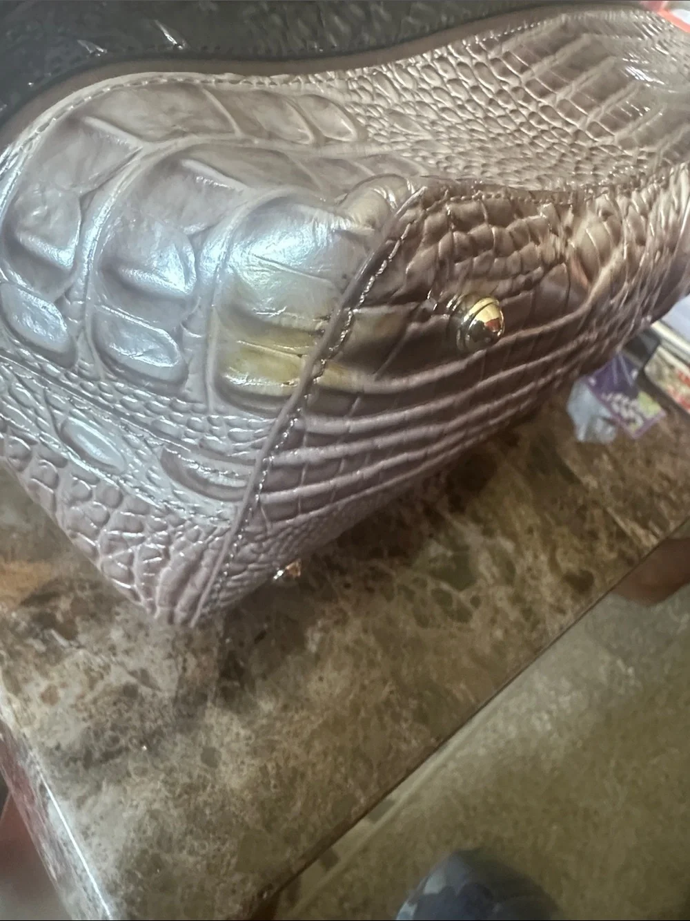Brahmin Striped Croc-Embossed Tote Bag in Black and Taupe
